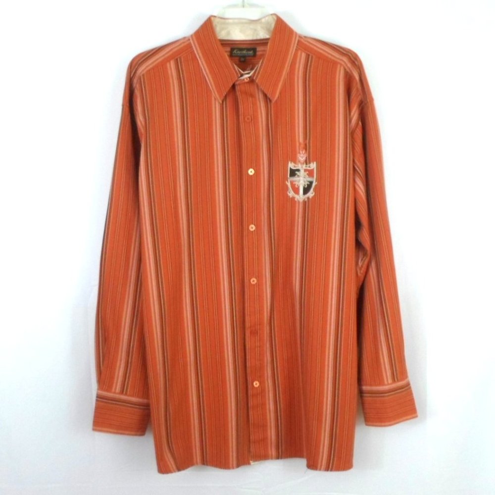 Knockout Button Up Long Sleeve Shirt Mens 3X Burnt Orange Striped Embroidered